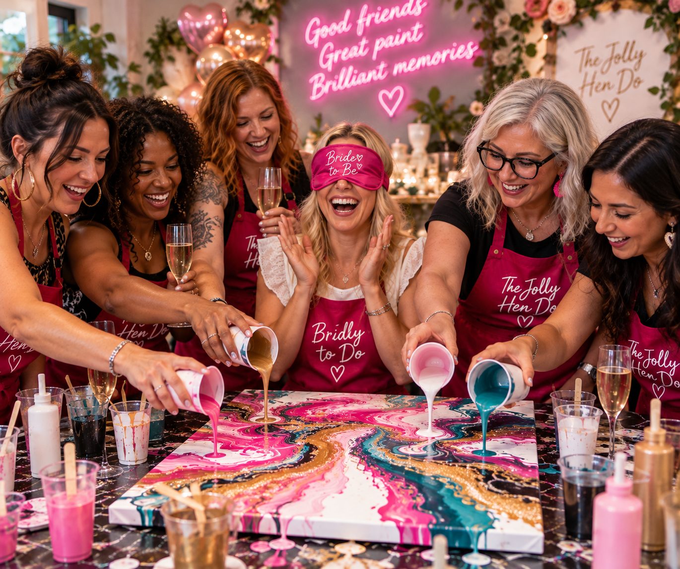 Hens gathered around the blindfolded bride, secretly creating her reveal piece