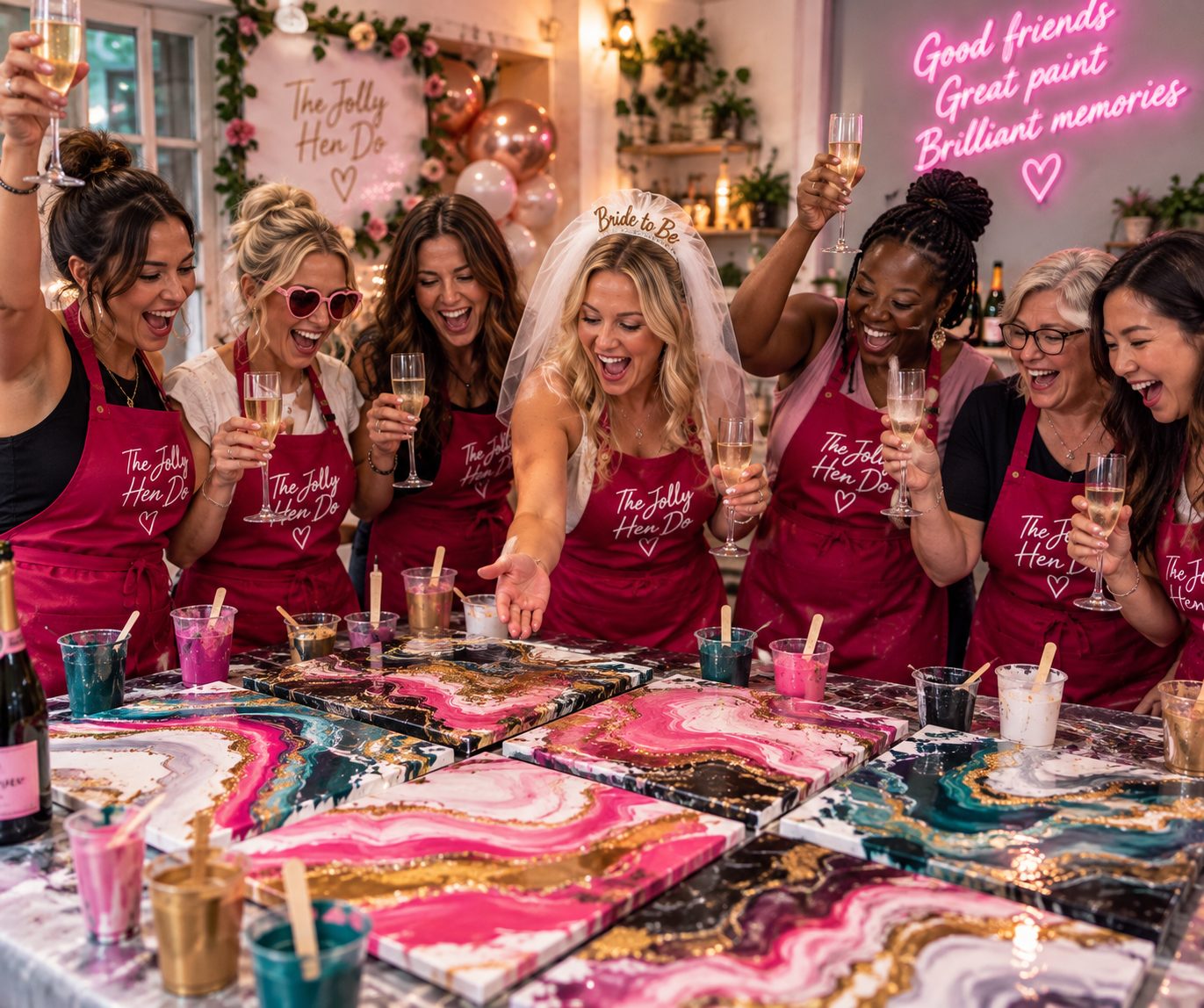 Hens celebrating with champagne next to their finished pours