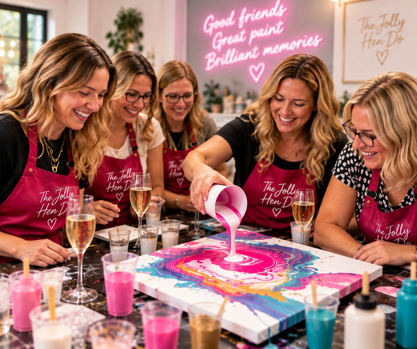 Hens laughing together while pouring fluid art